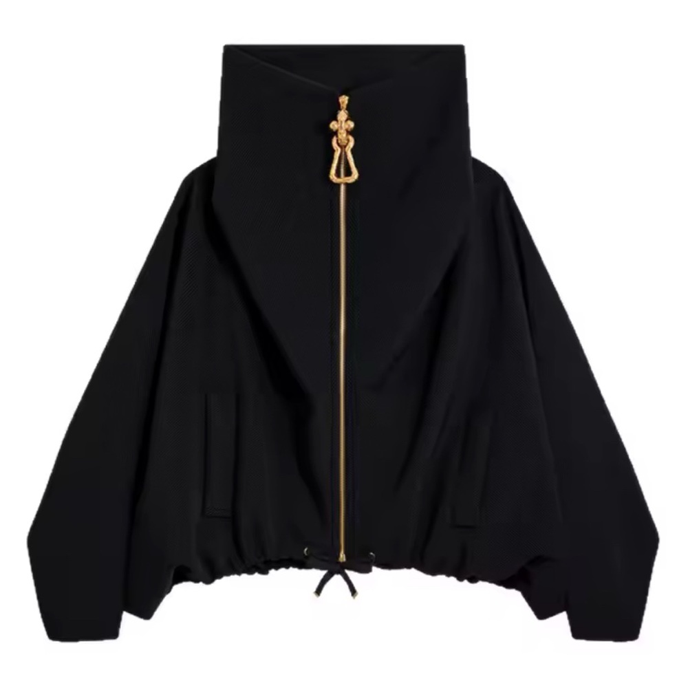 Women’s Black Oversized cocoon silhouette Jacket Gold Zip-Front Size L NWT